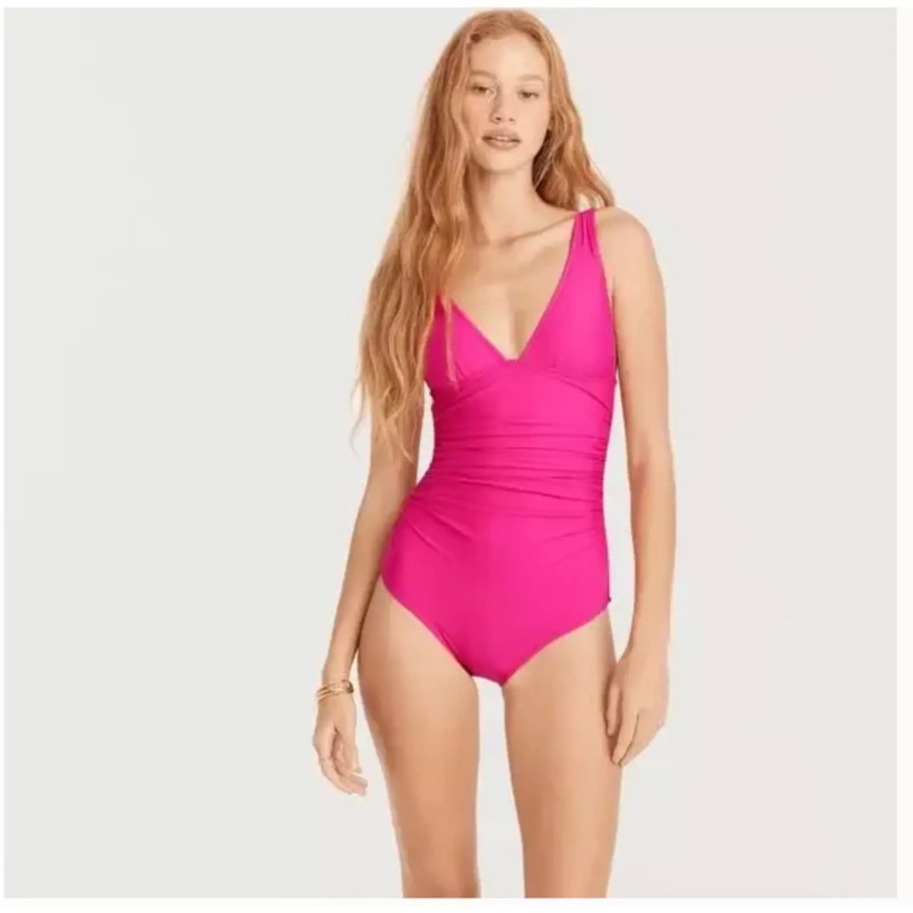 J. Crew Radiant Fuchsia Ruched V-Neck One-Piece Swimsuit 8, 10, 12, 14 NWT